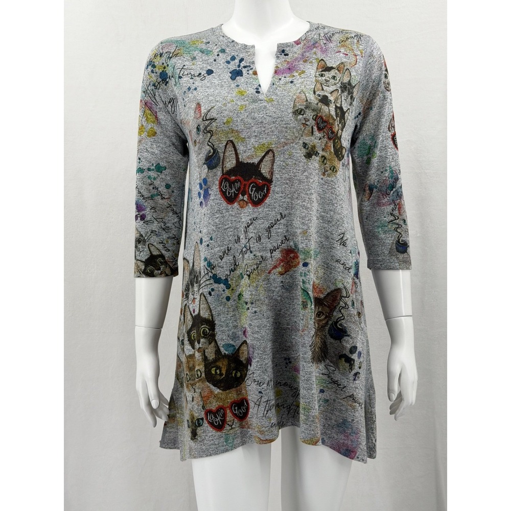 Inoah Top‎ Womens XS Gray Cats Tunic Pockets V-Neck Artsy Novelty Hipster Quirky